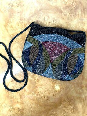 Vtg ADG Beaded Shoulder Bag Art Deco Geometric Tulip Multicolor Evening Purse